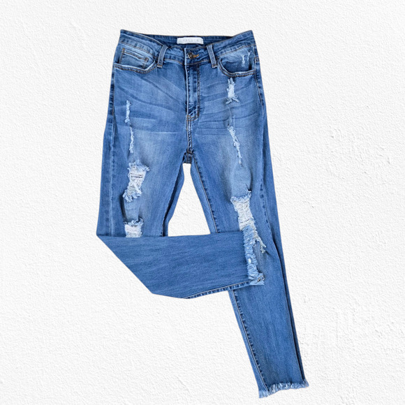Nature Medium Wash Distressed High Rise Frayed Hem Mom Jeans Size 28 / 9 - Picture 1 of 9